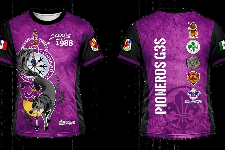 Purple Scouts t-shirt with Primeros GSS emblem and 1988 design on front and back, featuring logos and fleur-de-lis symbol
