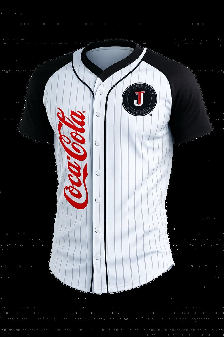 Baseball jersey with buttons, pinstripe design, black sleeves, custom logo and badge on chest
