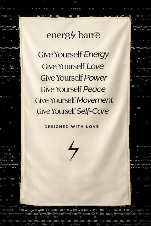 Beige fabric banner for energy barre with motivational text including Energy, Love, Power, Peace, Movement, and Self-Care, featuring a lightning bolt symbol