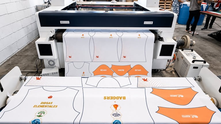Industrial printer with orange and white apparel designs laid out, showing athletic wear production setup