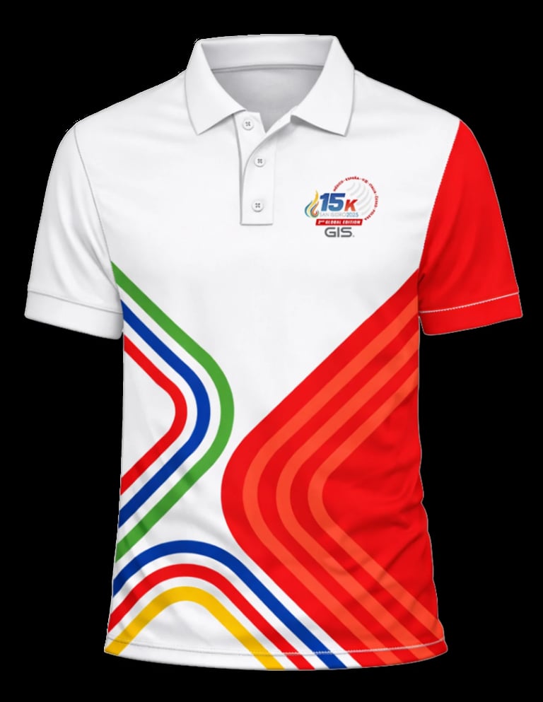 White and red polo shirt with 15K GIS logo, featuring colorful curved stripe design in green, blue, red, and yellow
