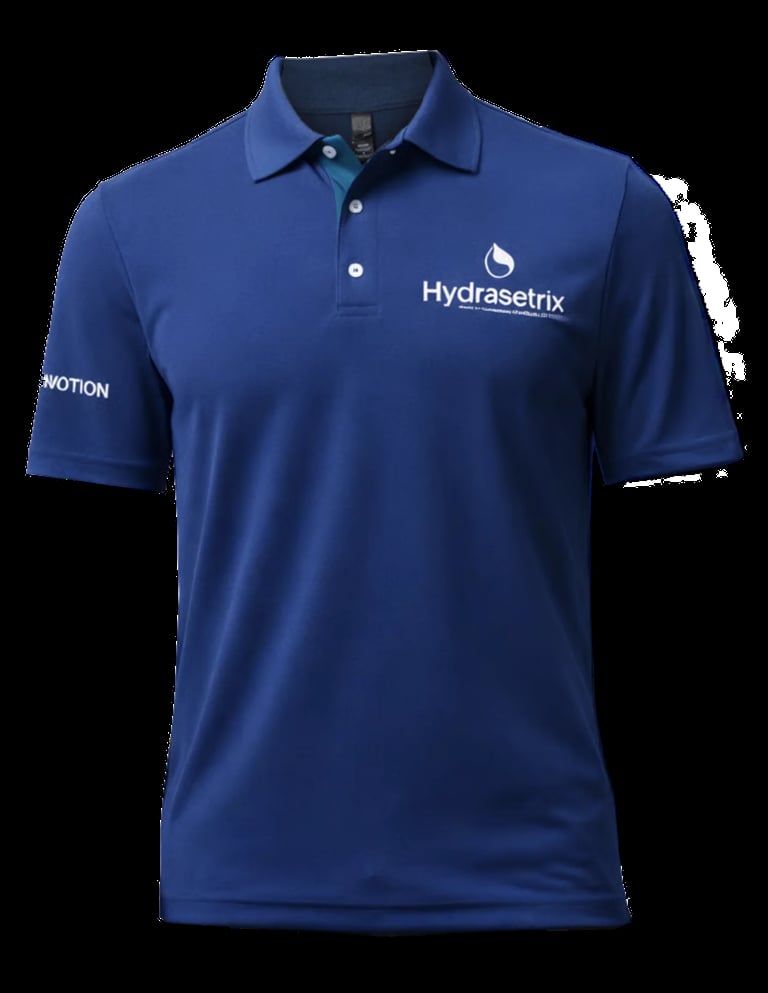 Blue Hydrasetrix polo shirt with white logo and buttons on black background