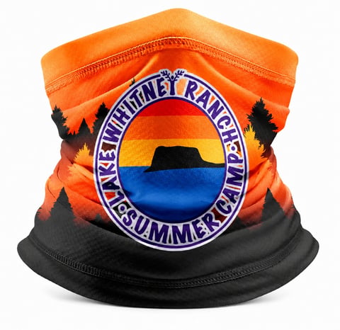 Neck gaiter with circular sunset badge and purple text on an orange and black ombre fabric background