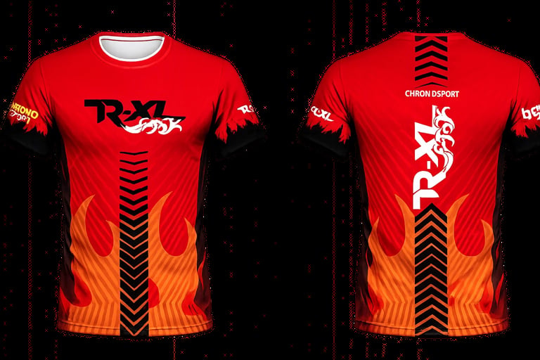 Front and back view of a red athletic shirt with flame design, black chevron stripes, and branded logos on sleeves
