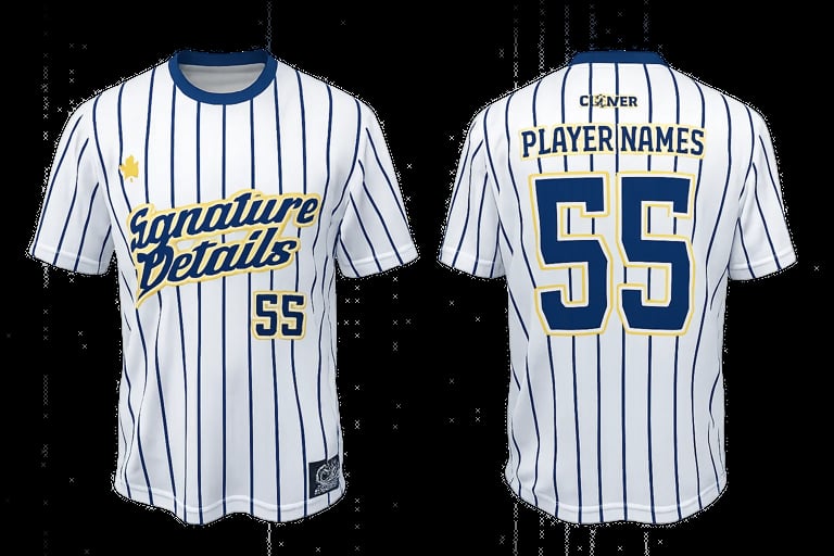 Baseball jersey in white with navy trim, number 55, player name and signature details