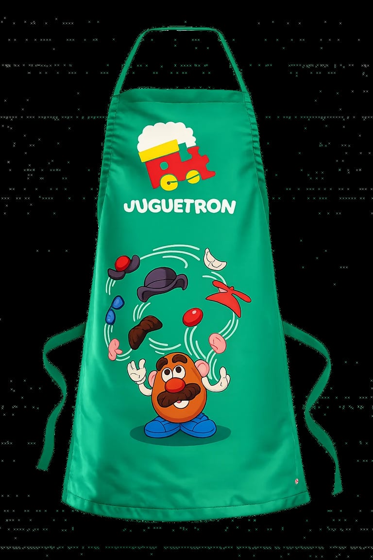 Green Juguetron branded apron featuring toy characters and juggling food items on black background