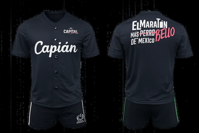 Navy baseball jersey with buttons, Captain text on front and El Maralin on back