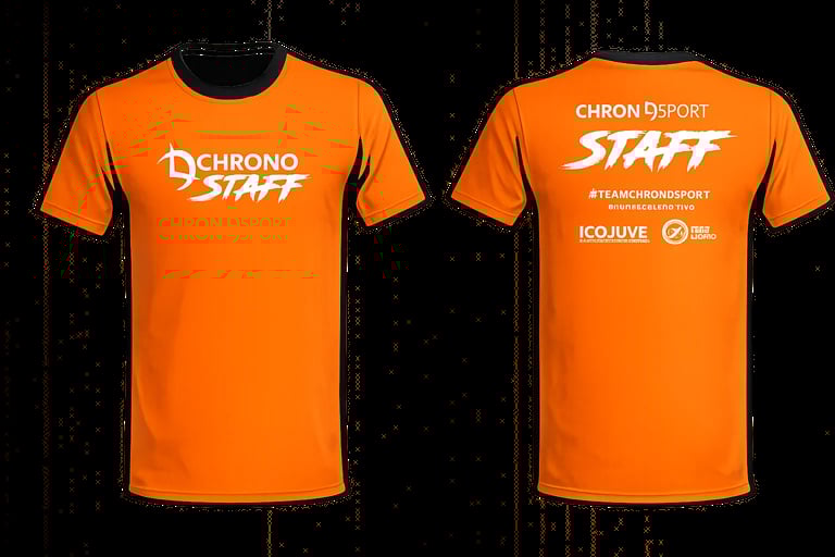 Front and back view of orange Chrono Sport staff t-shirt with white logo and text