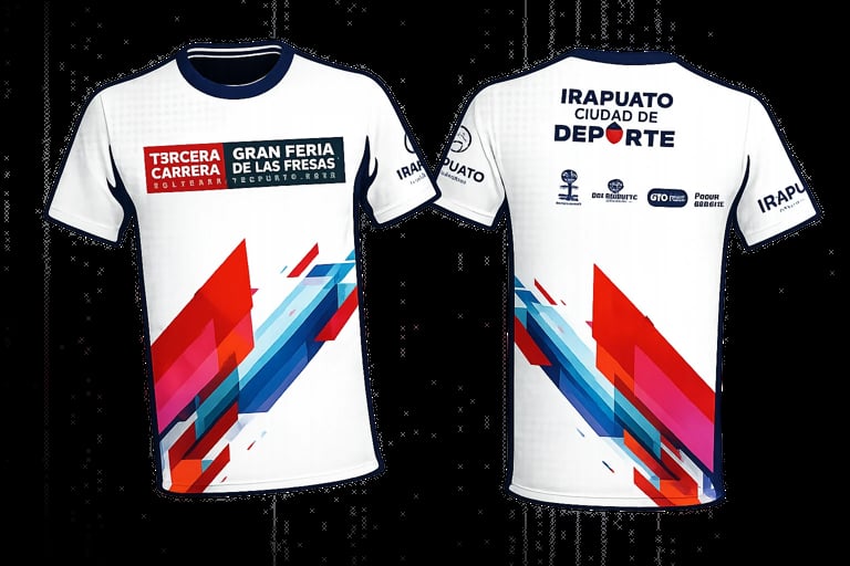 Front and back view of white t-shirt with red and blue diagonal stripes and event sponsor text