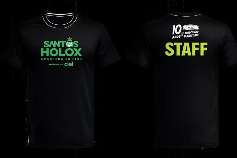 Front and back view of black Santos Holísticos staff t-shirts with green and yellow text logos