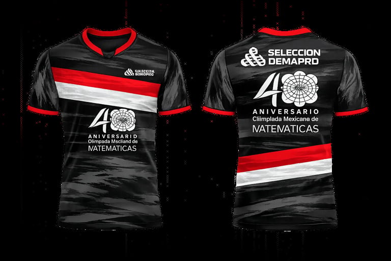 Front and back views of a black athletic jersey with red trim and horizontal stripes, featuring the 40th Mathematics Championship logo