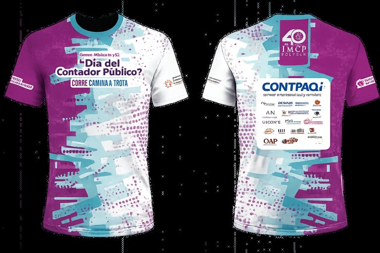 Front and back view of purple and white event t-shirt with Portuguese text and sponsor logos for CONTPAQI and IMCP