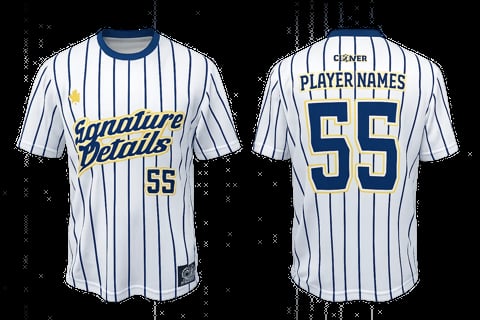 Front and back view of white pinstriped baseball jersey with blue trim, number 55, and customizable player name area