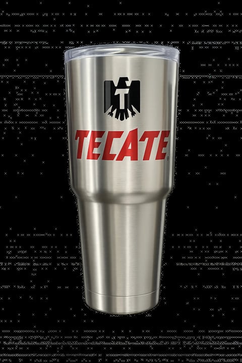 Stainless steel Tecate tumbler with black eagle logo and red text on dark background