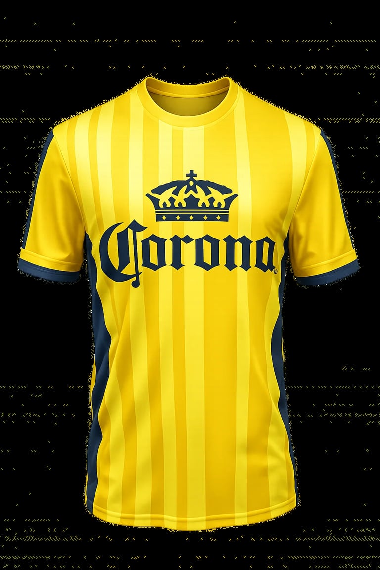 Yellow striped soccer jersey with Corona logo and crown emblem on black pixelated background
