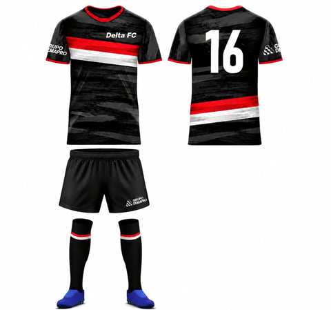 Delta FC soccer uniform jersey in black with red and white stripes, shorts, and black socks with blue accents