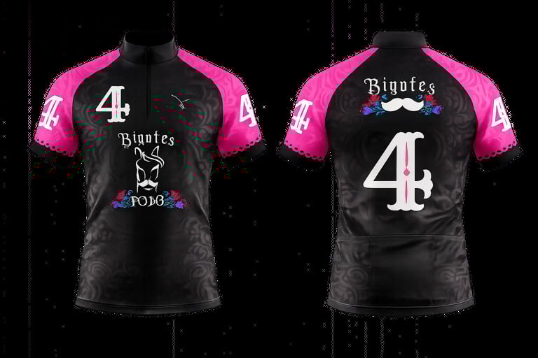 Team polo shirt in black and pink with number 4, Bingles logo and custom design
