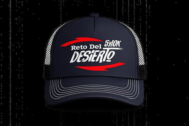 Dark navy trucker cap with red accents and white mesh back, featuring Reto Del Desierto text and logo design