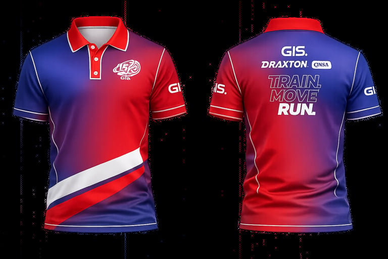 Red and blue gradient athletic polo shirt with GIS branding and Train Move Run text