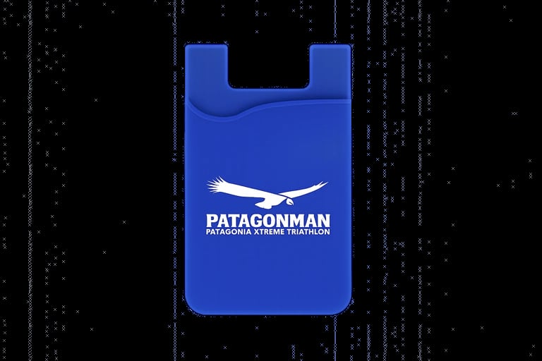 Blue phone card holder with Patagonian Extreme Nutrition logo and white text on black background