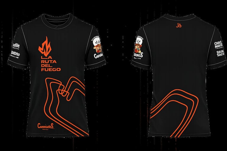 Front and back view of black t-shirt with orange flame design and Ruta del Fuego text and logos