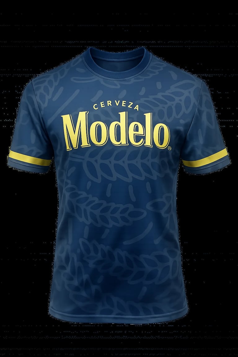 Navy blue Modelo Cerveza t-shirt with large yellow text and gold stripe on sleeves
