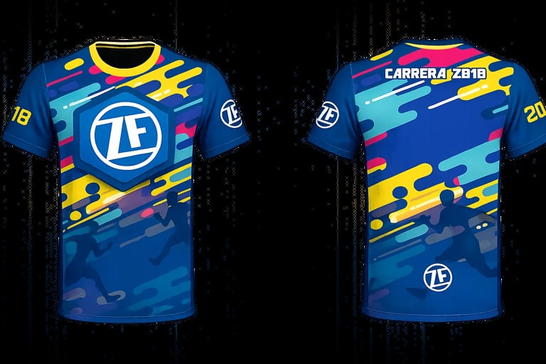 Front and back view of a blue esports jersey with ZF logo, featuring colorful geometric patterns and CARRERA/ZB18 text