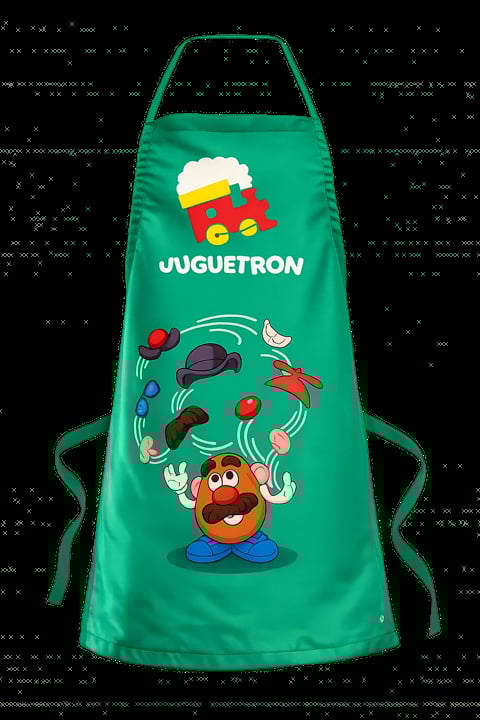 Green Hasbro Playskool Pipeworks apron with Mr. Potato Head juggling colorful objects and Pipeworks logo above