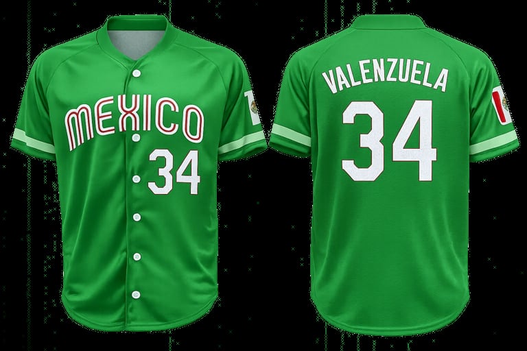 Front and back view of a green Mexico baseball jersey number 34 with Valenzuela name