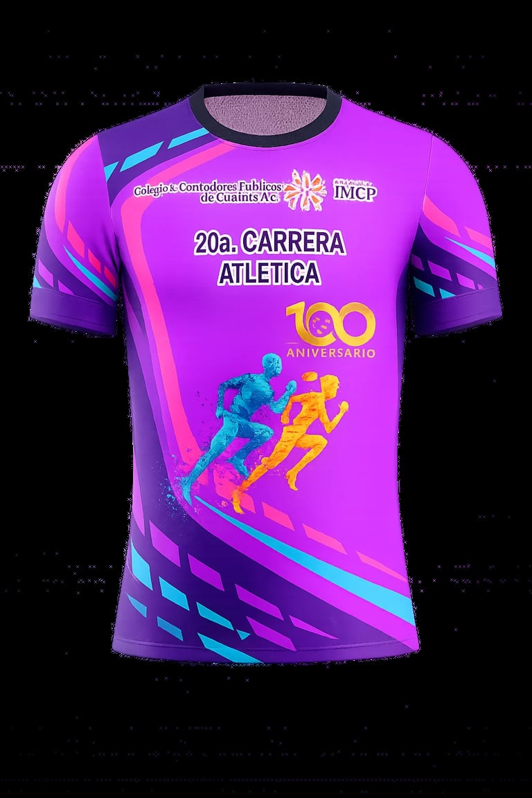 Bright magenta athletic race bib shirt for 20a Carrera Atletica 100 Aniversario event featuring colorful runner graphics