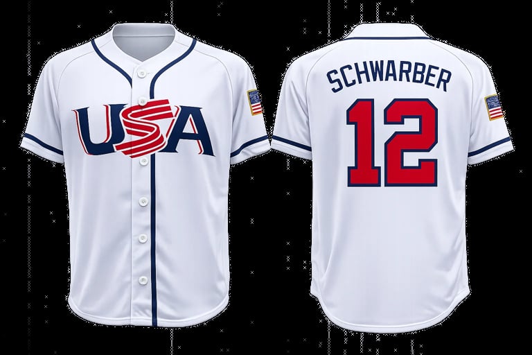 White USA baseball jersey number 12 Schwarber shown front and back with American flag sleeve patch