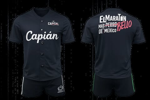 Dark blue soccer uniform set showing front and back views. Front displays CAPITAL logo and Capitan text. Back features El Maralon MAS PERRO DE MEXICO BELLO text design