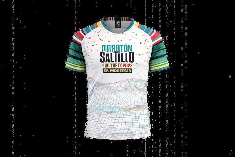 White sports jersey with colorful striped sleeves and Spanish text including Maraton Saltillo design