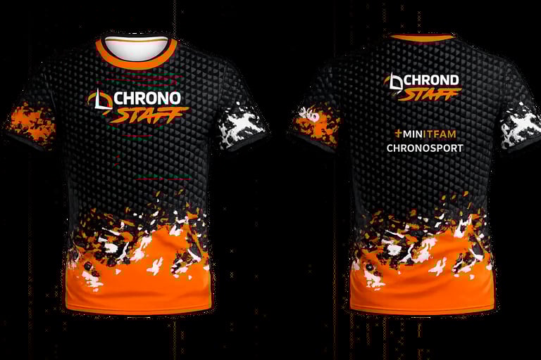 Two black and orange athletic shirts with Chrono Sportwear branding and splatter graphics displayed side by side