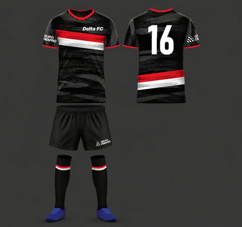 Delta FC soccer jersey uniform set in black, red, and white stripes with number 16, displayed flat with shorts and socks