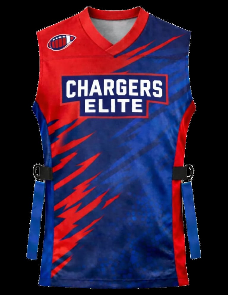 Flag football sleeveless jersey in red and blue with diagonal stripes and team logo