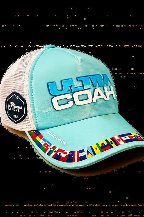 Turquoise and white mesh baseball cap with Ultra Goah logo and international flags on the bill