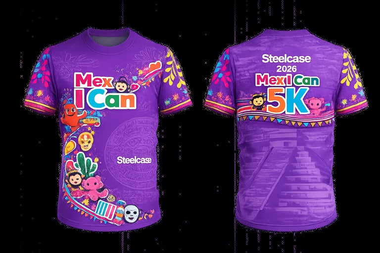 Purple t-shirt design for Steelcase MexiCan 5K event showing colorful front and back views with cultural graphics and text
