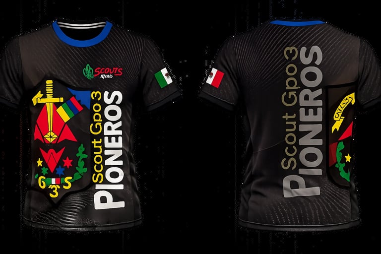 Front and back view of black Scout Pioneros jersey with blue neckline, colorful geometric designs, and vertical text branding