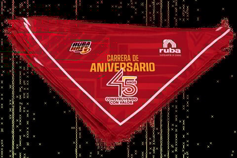 Red bandana or neckerchief for a 45th anniversary race event with white trim and Spanish text