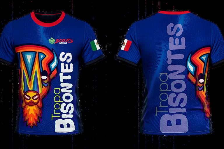 Front and back view of blue Bissontes sports jersey with orange lion design and Mexican flag patch