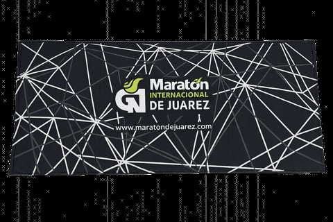 Maraton de Juarez logo banner with geometric network pattern and website URL on dark background