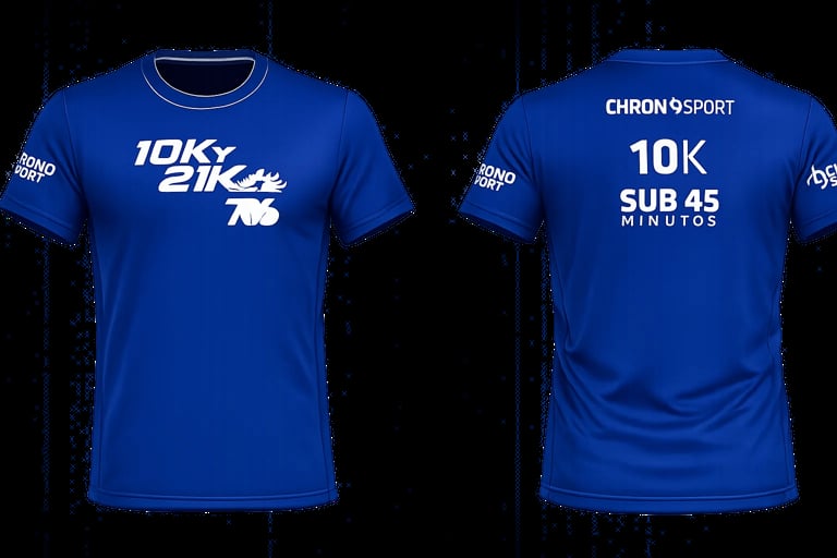 Front and back view of blue athletic t-shirt with 10K Bike 70k text on front and Chron Sport 10K Sub 45 Minutos on back