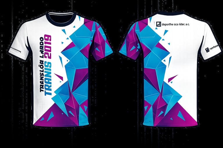 Front and back view of white t-shirt with geometric blue and purple triangular design and TBILISION LABS TRAINING text