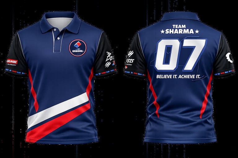 Navy blue sports team jersey with red and white diagonal stripes, sponsor logos, and TEAM SHARMA number 07