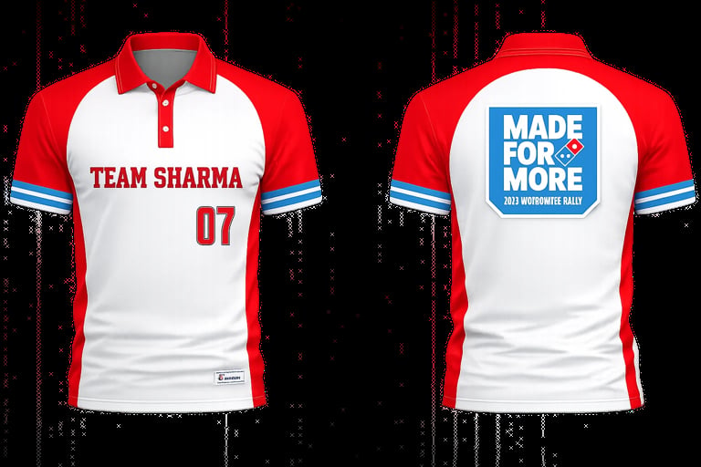 Red and white athletic polo shirt with Team Sharma 07 on front and Made With Love slogan on back