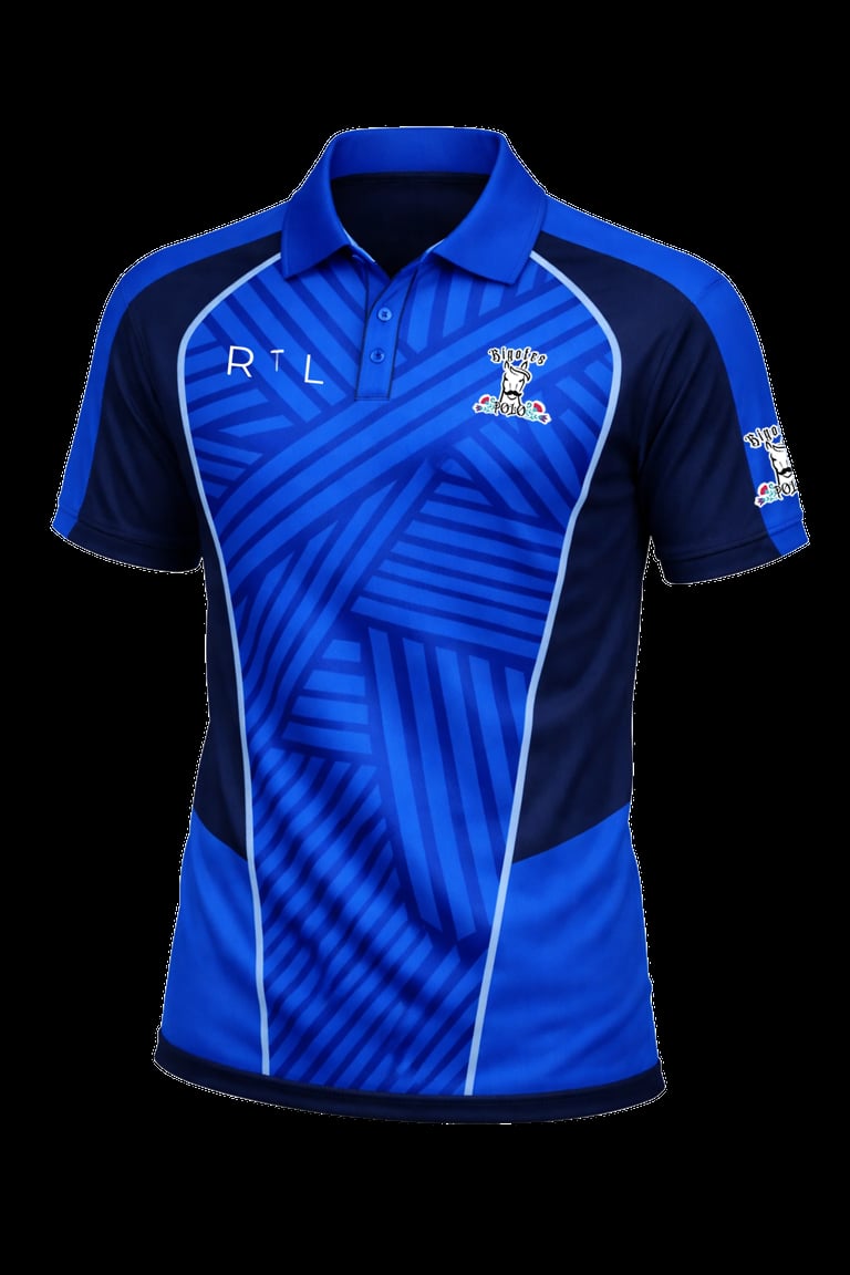 Blue and navy striped polo shirt with RTL branding and team logo on front chest