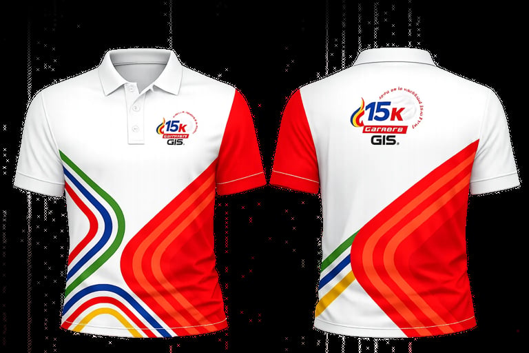 White and red 15K polo shirt with colorful wave design