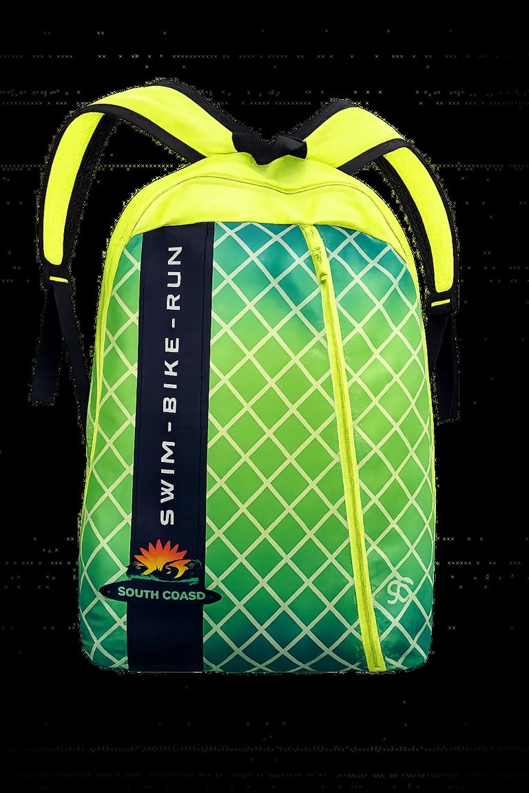 Bright green and yellow sports backpack with diamond pattern, neon straps, and South Coast Swim Bike Run branding on the side