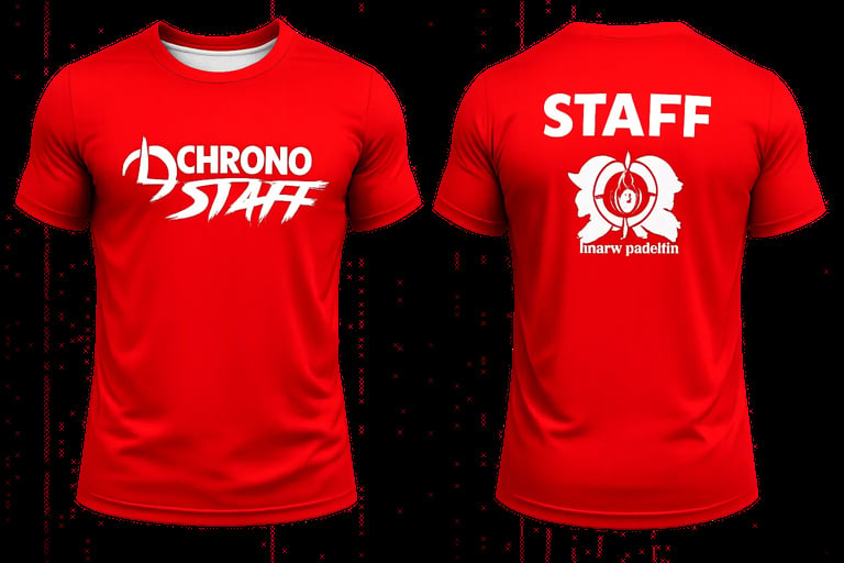 Front and back view of red staff t-shirt with Chrono Staff logo and branding